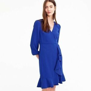 J.Crew Blue Drapey Ruffle Front Ocean Sheath Long Sleeve Dress